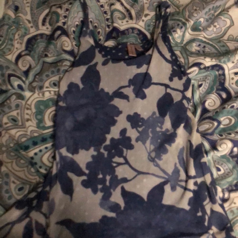 It’s a blue and white flower no sleeves shirt